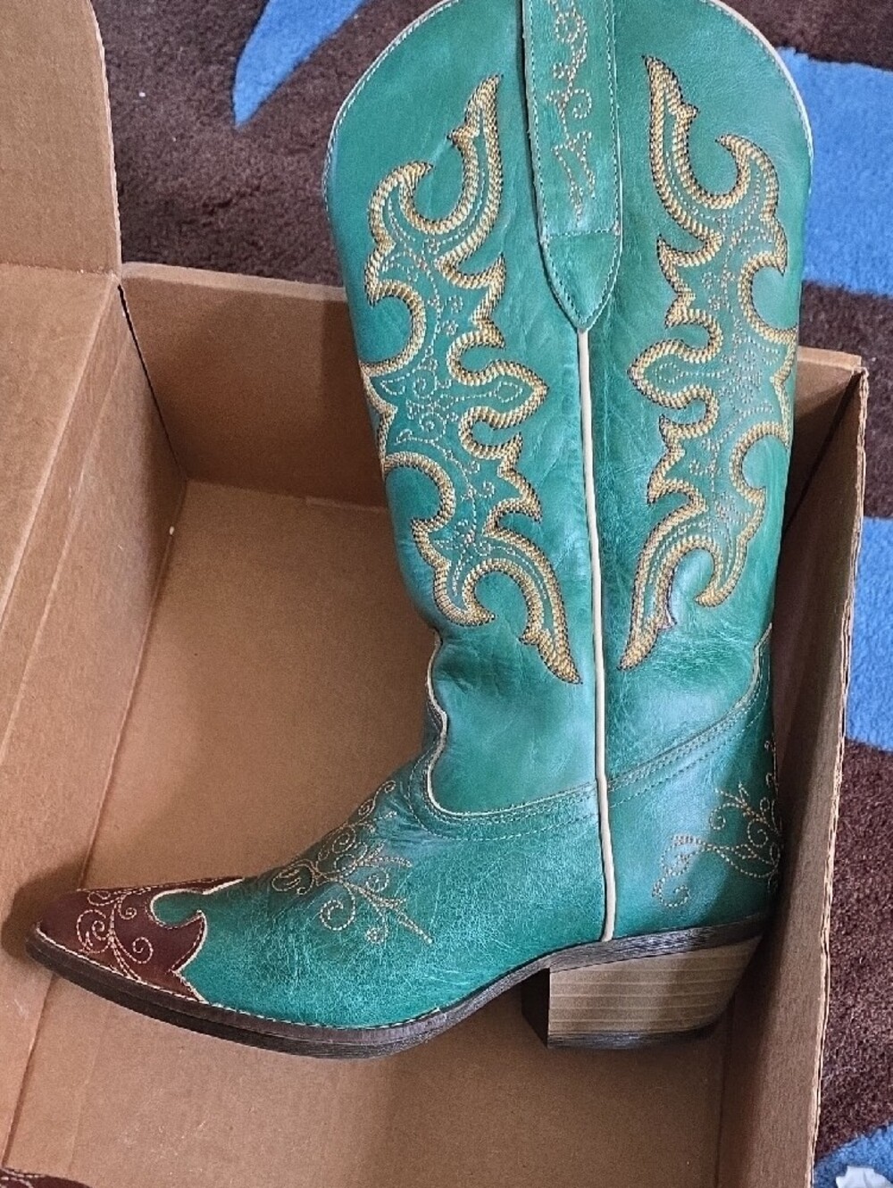 Turquoise Embroidered Western Heeled Boots - Picture 4 of 9